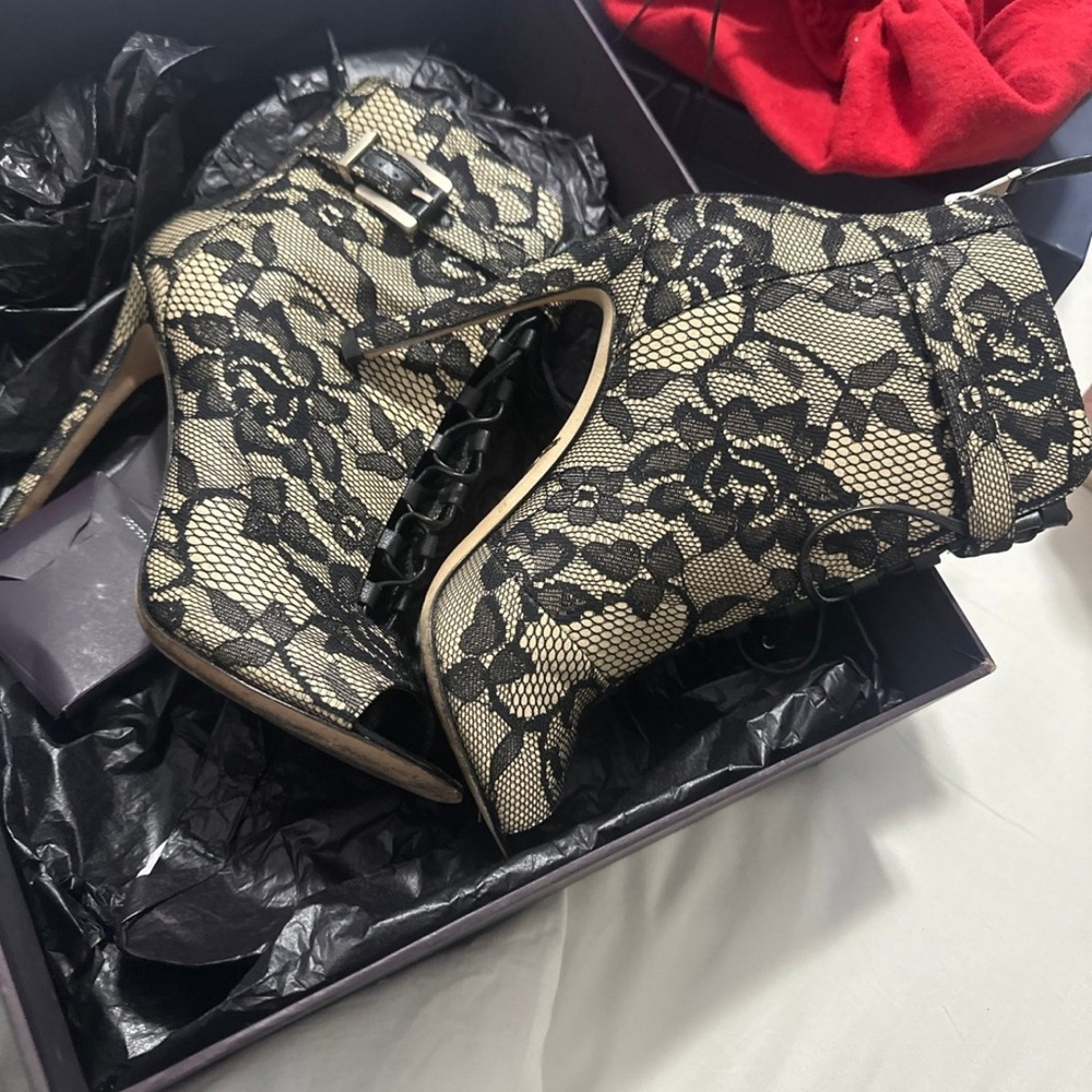 Brian Atwood Black Lace-Overlay Ankle Booties on Cream Base